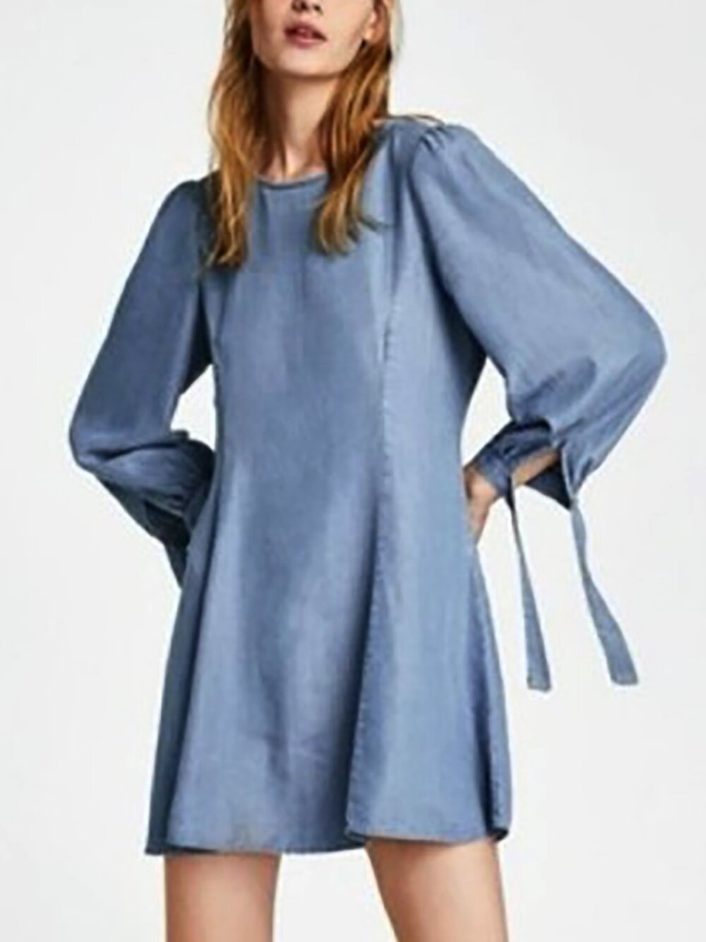 ZARA Chambray Denim Mini Dress – Light Wash – Size S – NWOT
